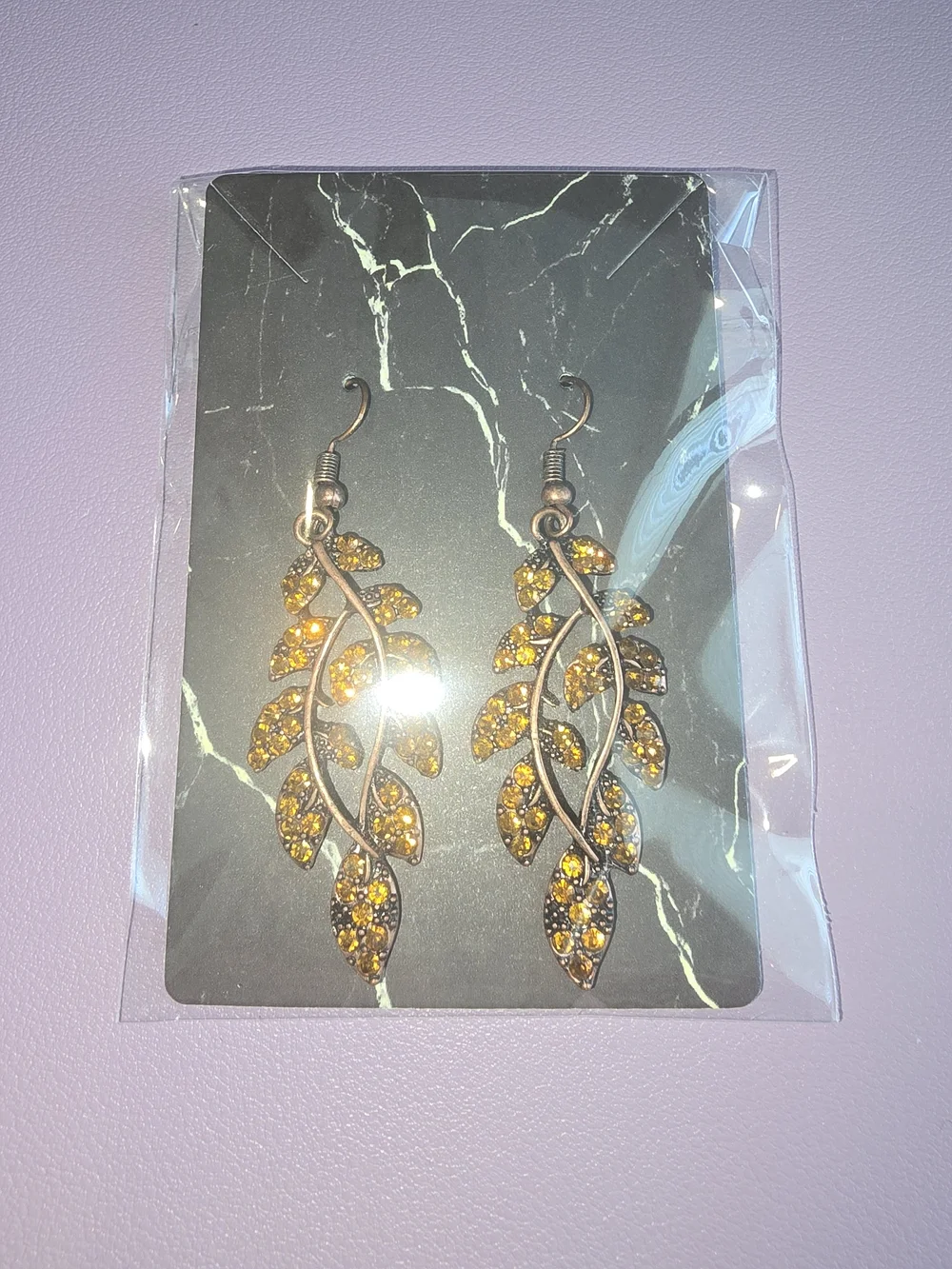 Gold-Tone Yellow Crystal Leaf Drop Earrings